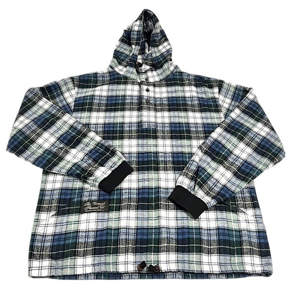 Vermont Flannel Co Men's L Blue Green Plaid Henley Hoodie Heavyweight NWOT